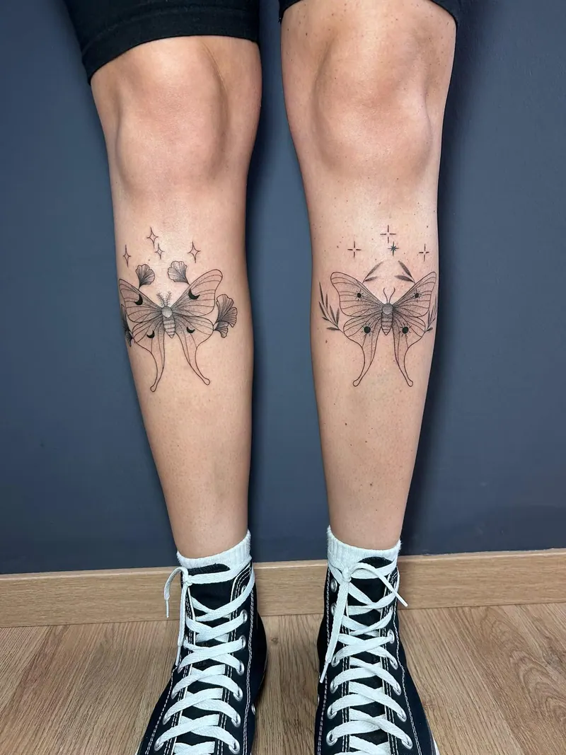 Fineline-Tattoos zweier Nachtfalter mit Sternen an beiden Beinen oberhalb der Wade, gestochen von Cindy