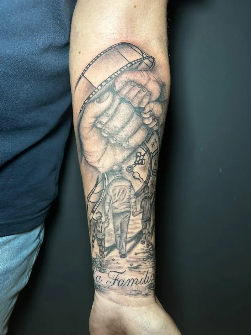Black-&-Grey-Tattoo mit Hand, Filmstreifen, Uhr, Familienfiguren und Schriftzug „La Familia“ am Unterarm, gestochen von Cindy