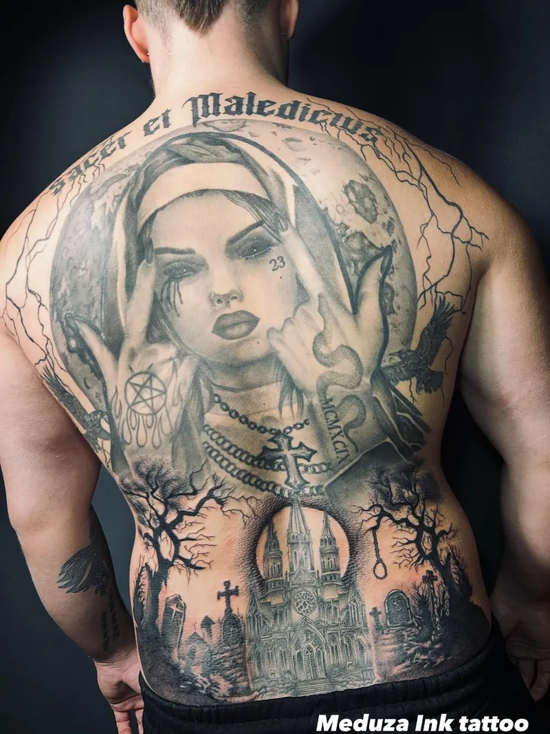 Großes Black-&-Grey-Rückentattoo einer Frau im Nonnenschleier über Friedhof und Kathedrale mit Schriftzug „Sacer et Maledictus“, gestochen von Cindy