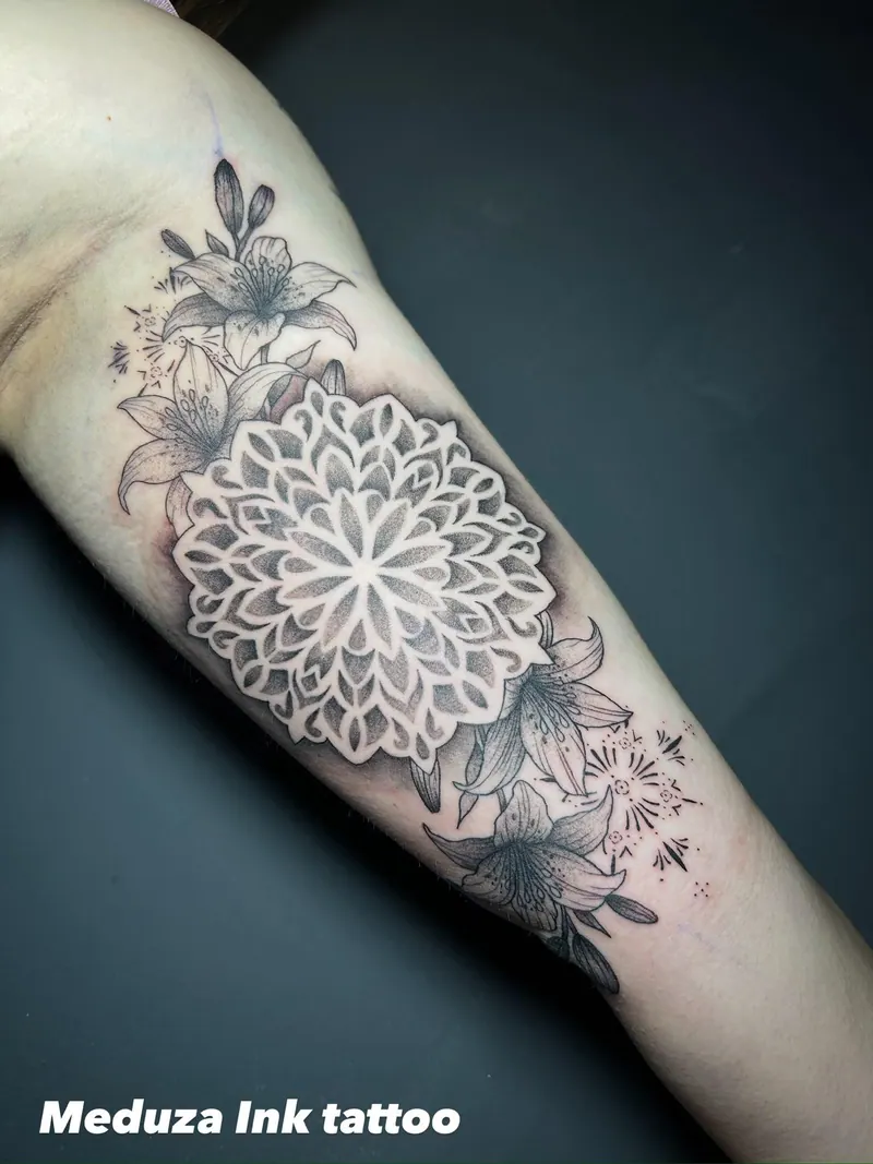 Mandala-Tattoo in Dotwork mit Lilien am Unterarm, gestochen von Cindy