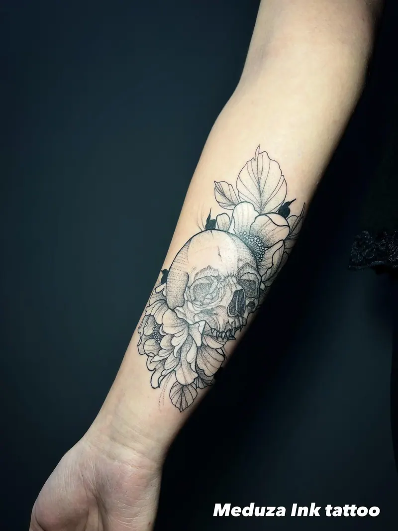 Fineline-Tattoo eines Totenkopfs mit Blüten am Unterarm, gestochen von Cindy