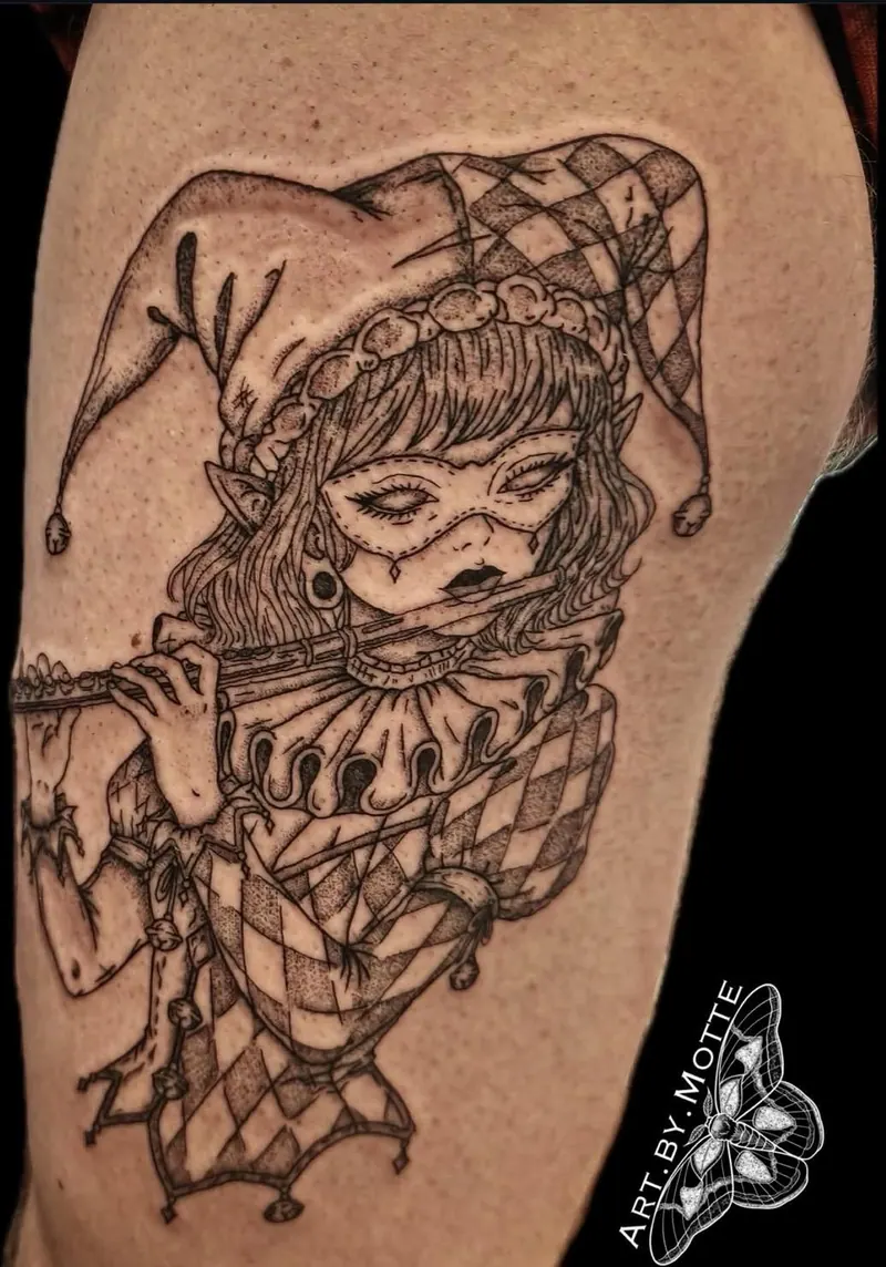 Blackwork-Tattoo einer Harlekin-Figur mit Maske, die Flöte spielt, am Oberarm, gestochen von Motte