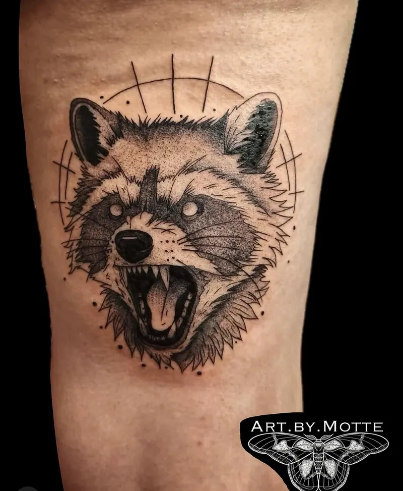 Blackwork-Tattoo eines fauchenden Waschbärkopfs mit Strahlenkreis am Unterarm, gestochen von Motte