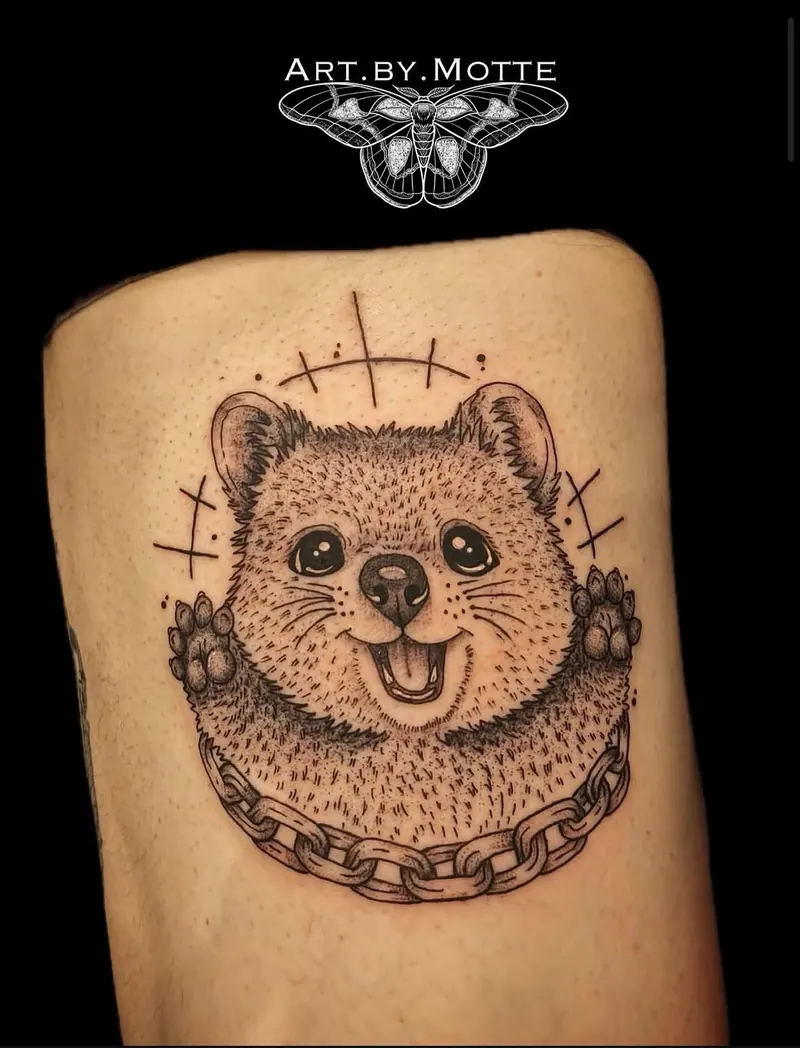 Blackwork-Tattoo eines kleinen lächelnden Tiers (Quokka) mit erhobenen Pfoten, Kette und Strahlen am Arm, gestochen von Motte