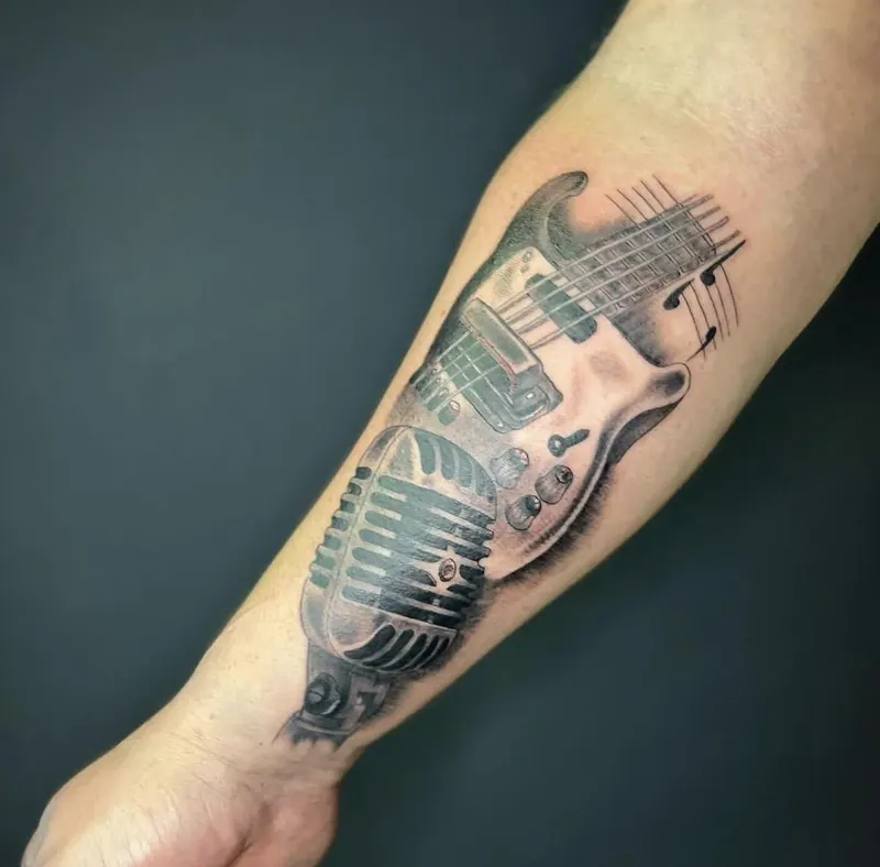 Black-&-Grey-Tattoo einer E-Gitarre mit Studiomikrofon und Noten am Unterarm, gestochen von Paul